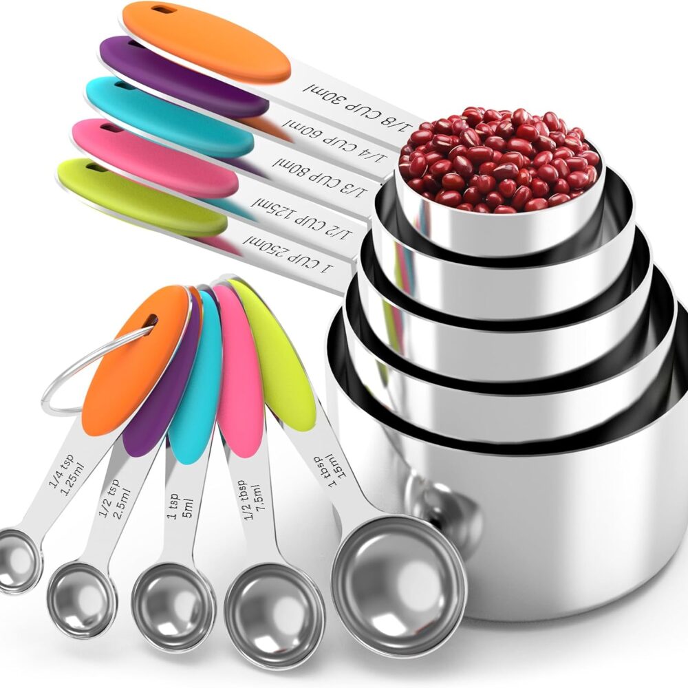 TILUCK Nesting Measuring Cups and Spoons Set, Stainless Steel with Soft Silicone Handle – Heavy Duty & Dishwasher Safe for Measuring Dry/Liquid Ingredients, Ideal for Cooking & Baking (10)