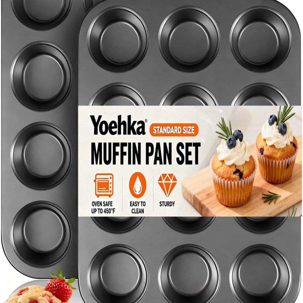 Yoehka 2 Pack Muffin Pan for Baking, Nonstick Cupcake Pan Set, Standard 12-Cups Muffin Tin for Baking Cupcakes, Carbon Steel Baking Supplies