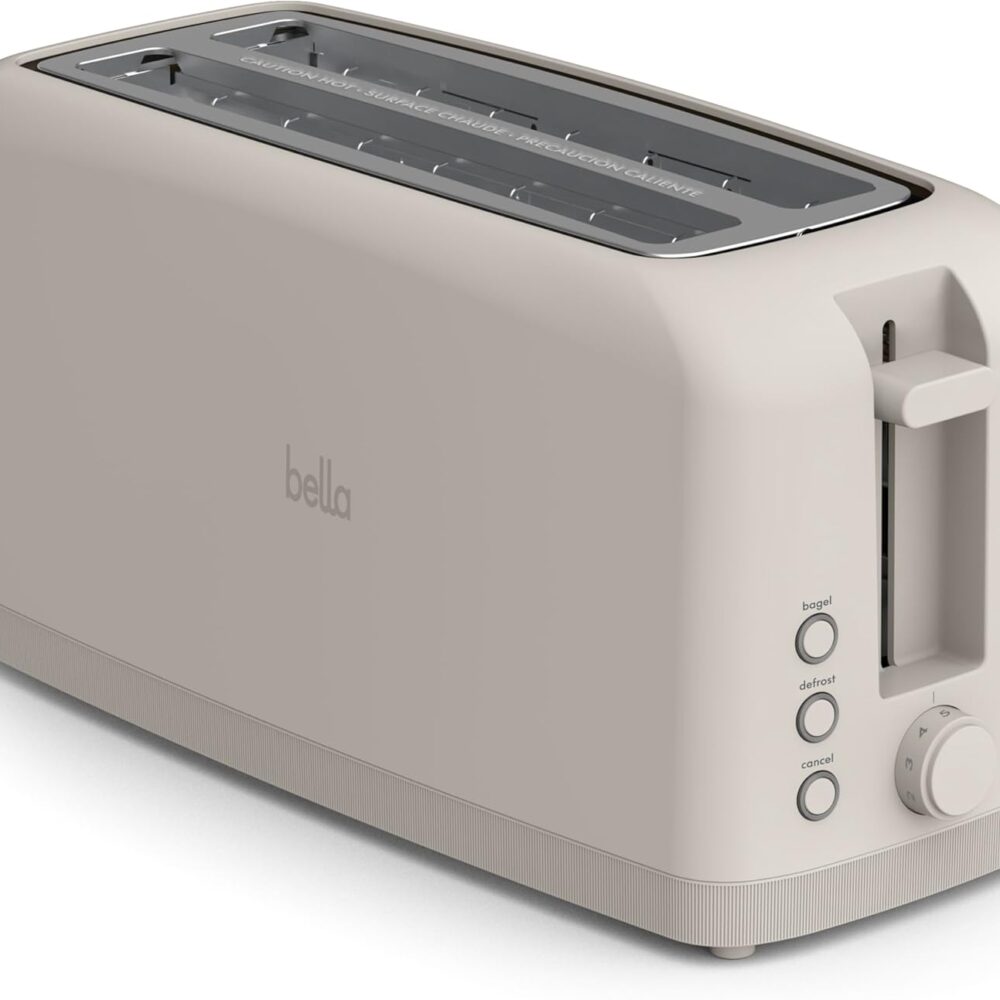 bella 4 Slice Slim Toaster, Fits-anywhere™ Kitchenware, 6 Setting Shade Control with Reheat & Cancel Buttons, Fits Sourdough, 10” Long Slot, Anti Jam & Auto Shutoff, 900 Watt, Oatmilk