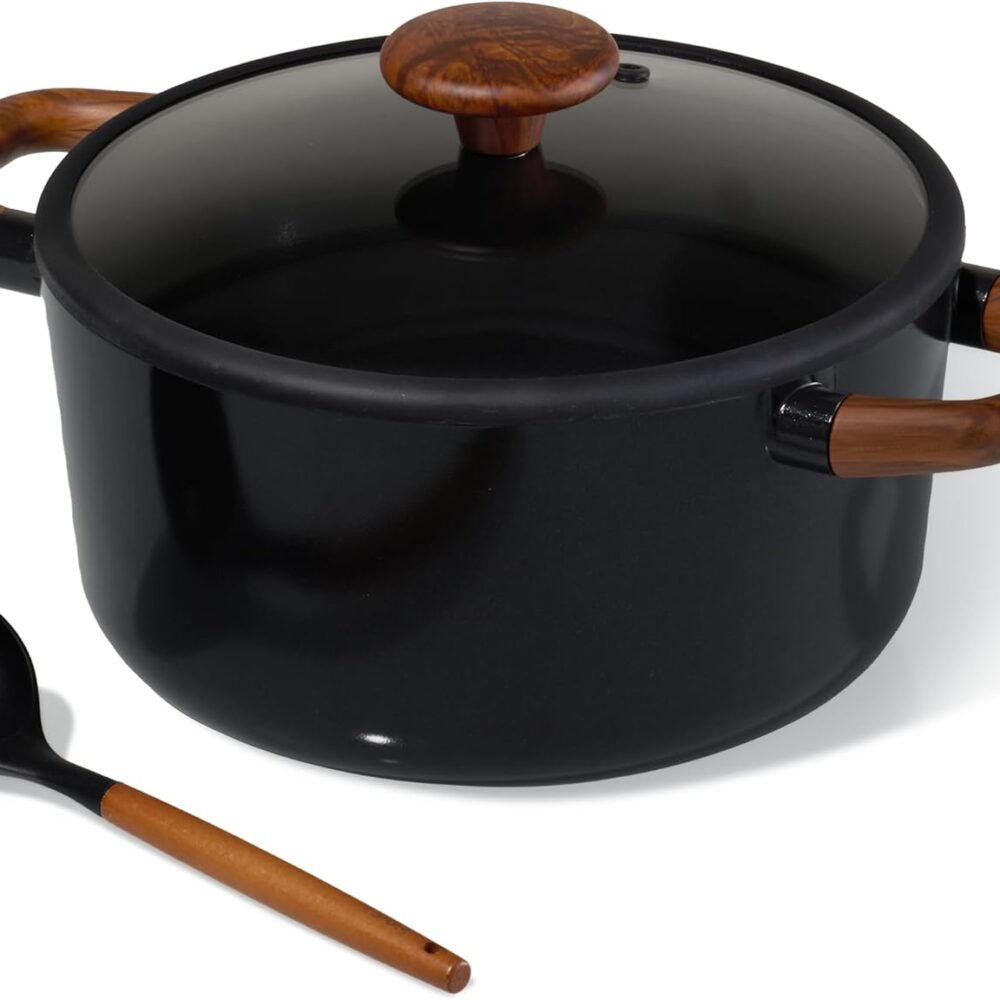 CAROTE 5QT Ceramic Stock Pot with Ladle, Nonstick Casserole with Lid, Even Heating Stockpot, Fits All Stoves, Non Stick Large Capacity Cooking Pots, PFAS Free, Black