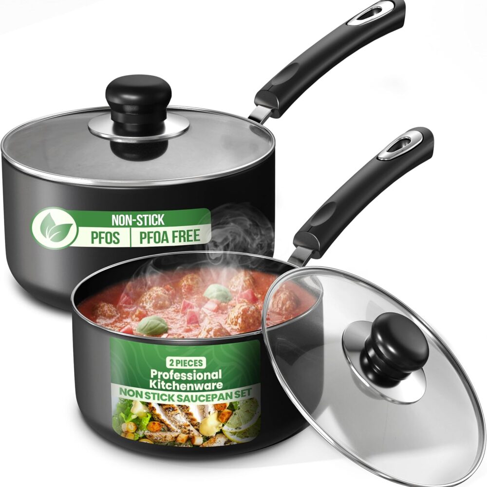 Utopia Kitchen Nonstick Saucepan Set, Cooking Pots with Lids, 1 Quart and 2 Quarts Multipurpose Kitchen Small Pots for Cooking Nonstick With Lids, 1 qt & 2 qt Set, Grey & Black